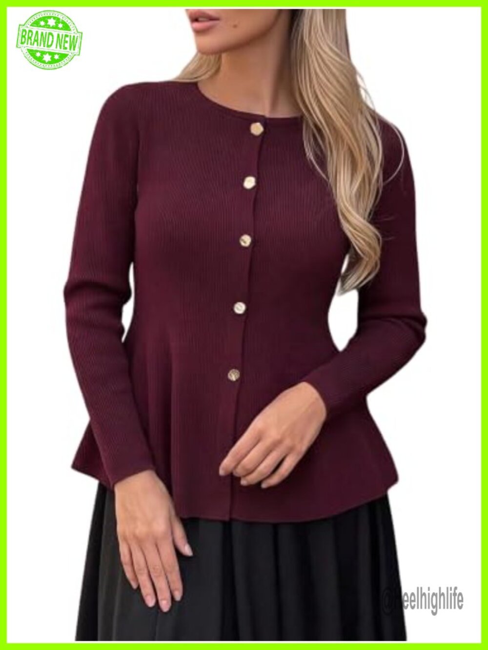 WDIRARA Women's Button Down Peplum Cardigan Crew Neck Long Sleeve Knit Top